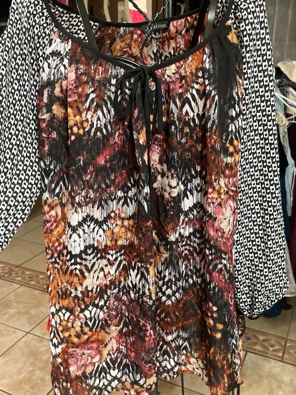 Notations Floral Mixed-Print Blouse in Black, Brown, Pink
